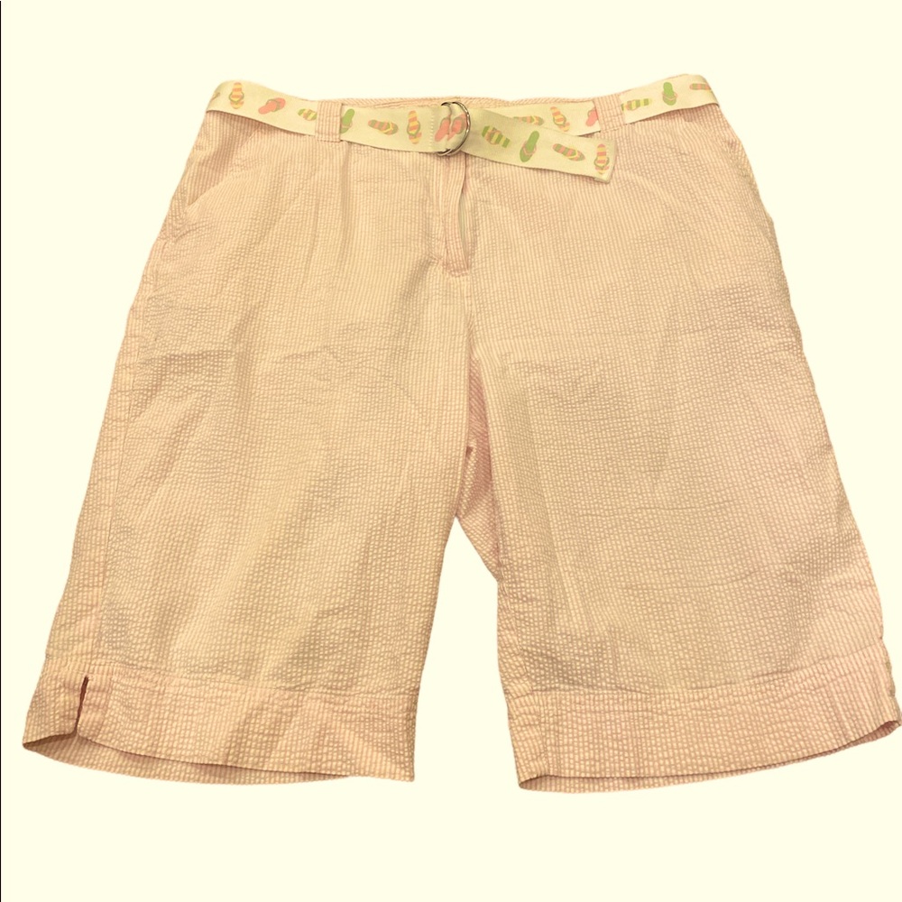Kim Rogers pink seersucker flip flop belt Bermuda shorts 14